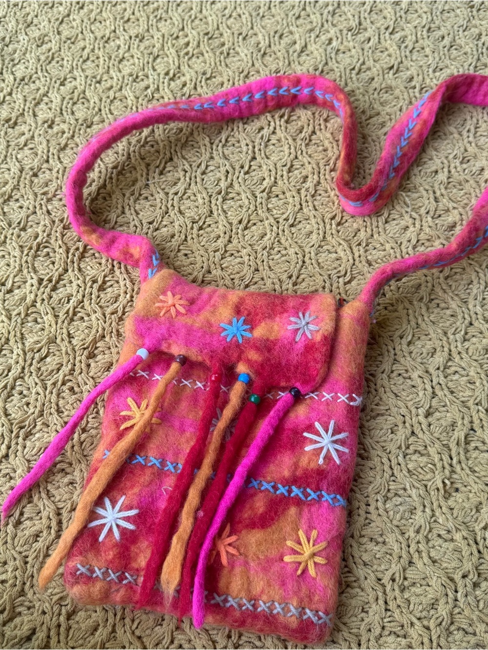 Handmade Felted Wool Purse Pink Orange Flower Pom Pom Boho Hippie Embroidered